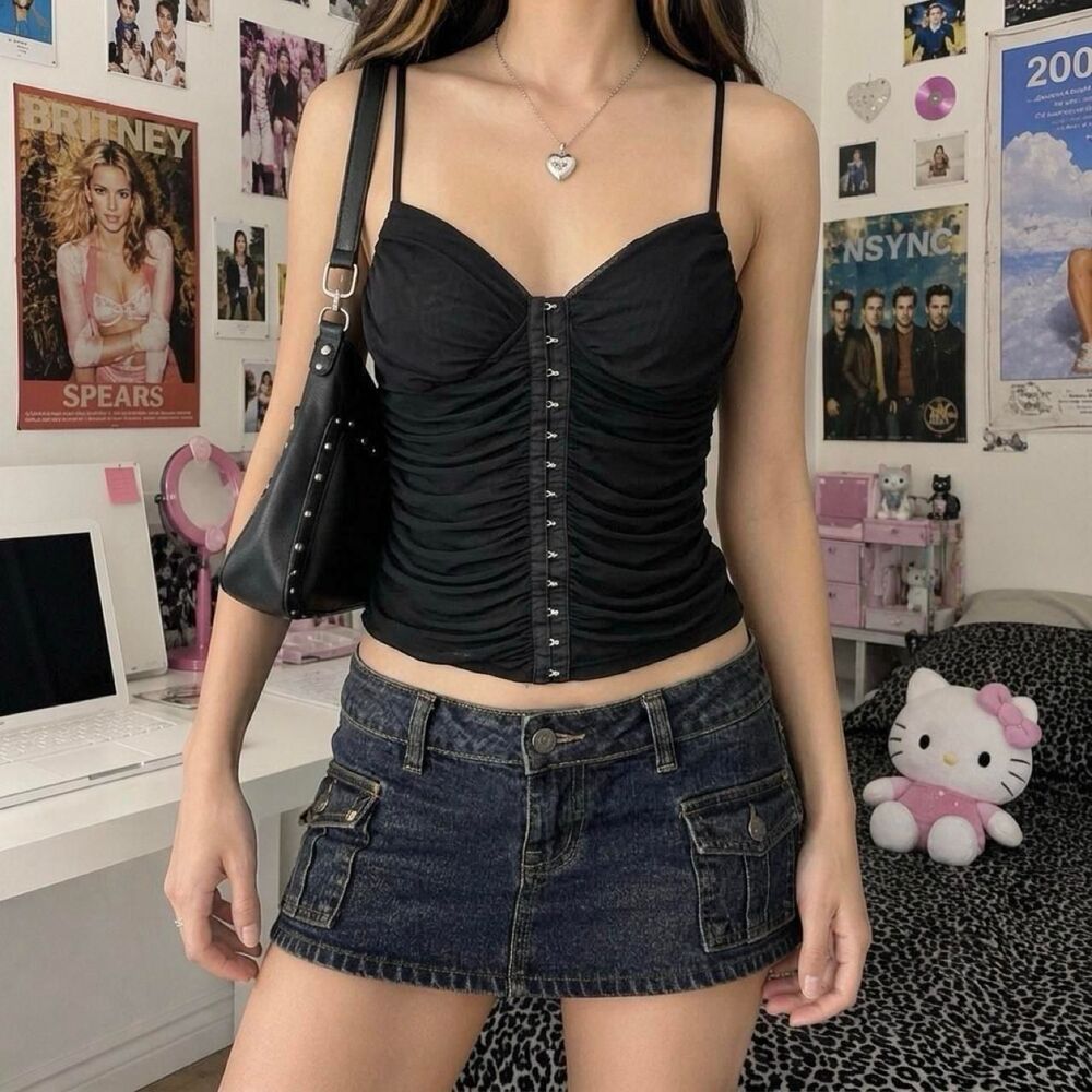 Y2K Black Moa Moa Black Corset Cami Top Size XL Sheer Ruched Clubbing Crop Top